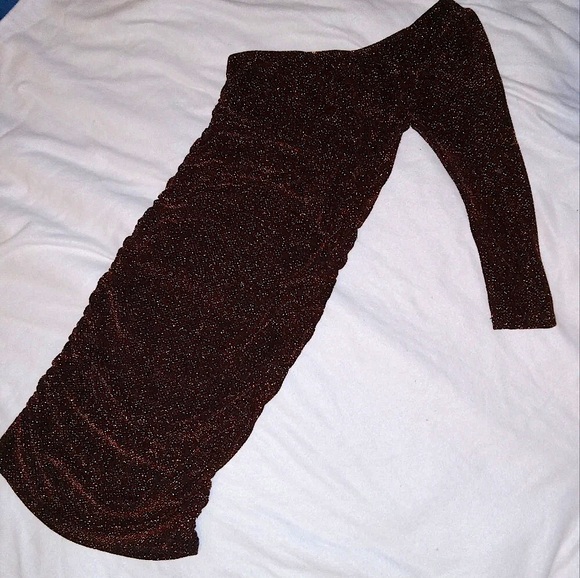 Janice Black & Metallic Bronze One Shoulder Ruched Side Bodycon Dress XS/S - Picture 2 of 7